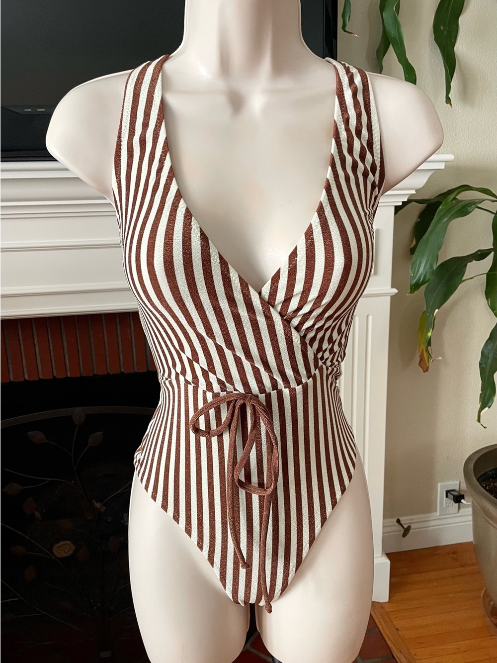 Bec + Bridge Cream & Brown Striped Vintage Inspired Swimsuit Bodysuit 6